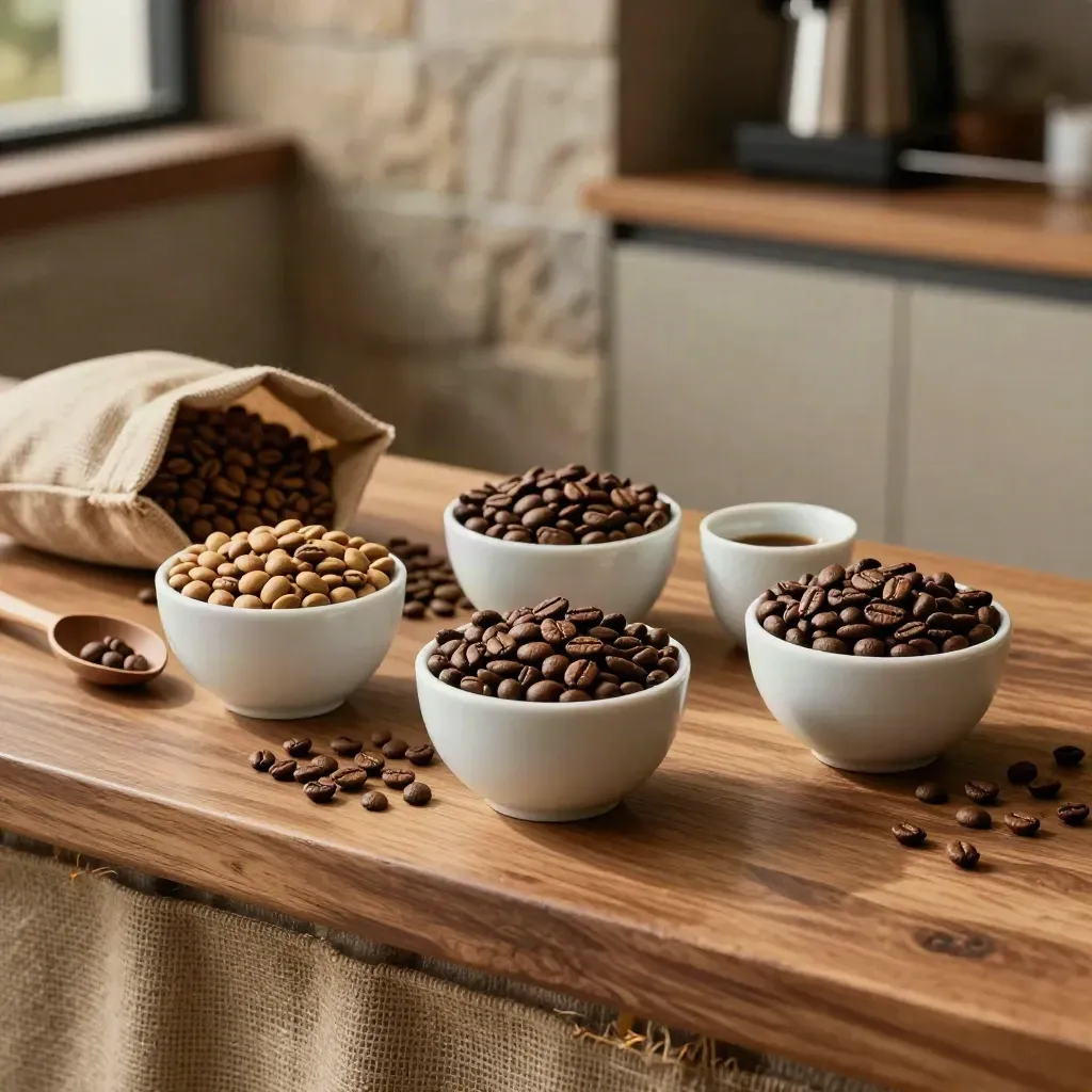 Proefkommen met koffiebonen, cuppinglepel en zak op een warme houten bar.
