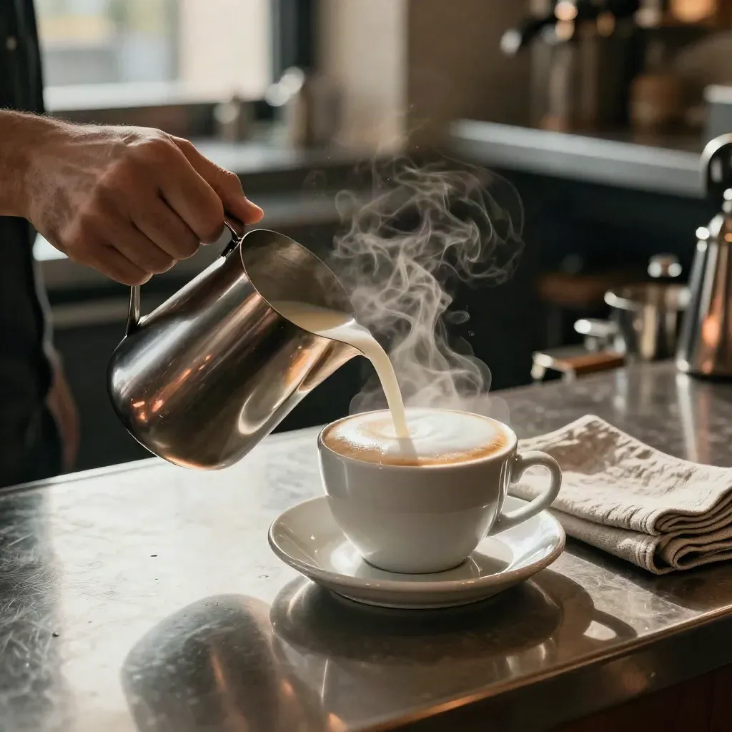 Melkkannetje boven een lege cappuccinokop op een rvs werkblad in warm cafélicht.