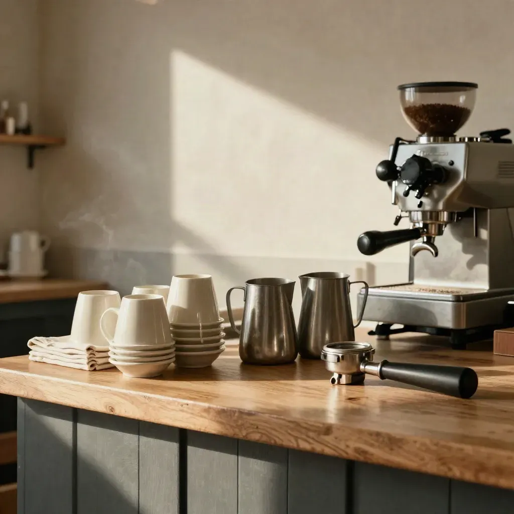 Ochtendfrisse cafébar met kopjes, melkkan, doeken en portafilter in rustige openingsstand.