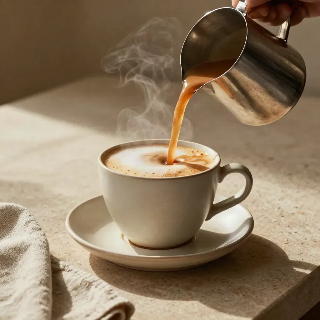 Keramische cup met beginnende hart-latte art, melkkan, schotel en doek in warm licht