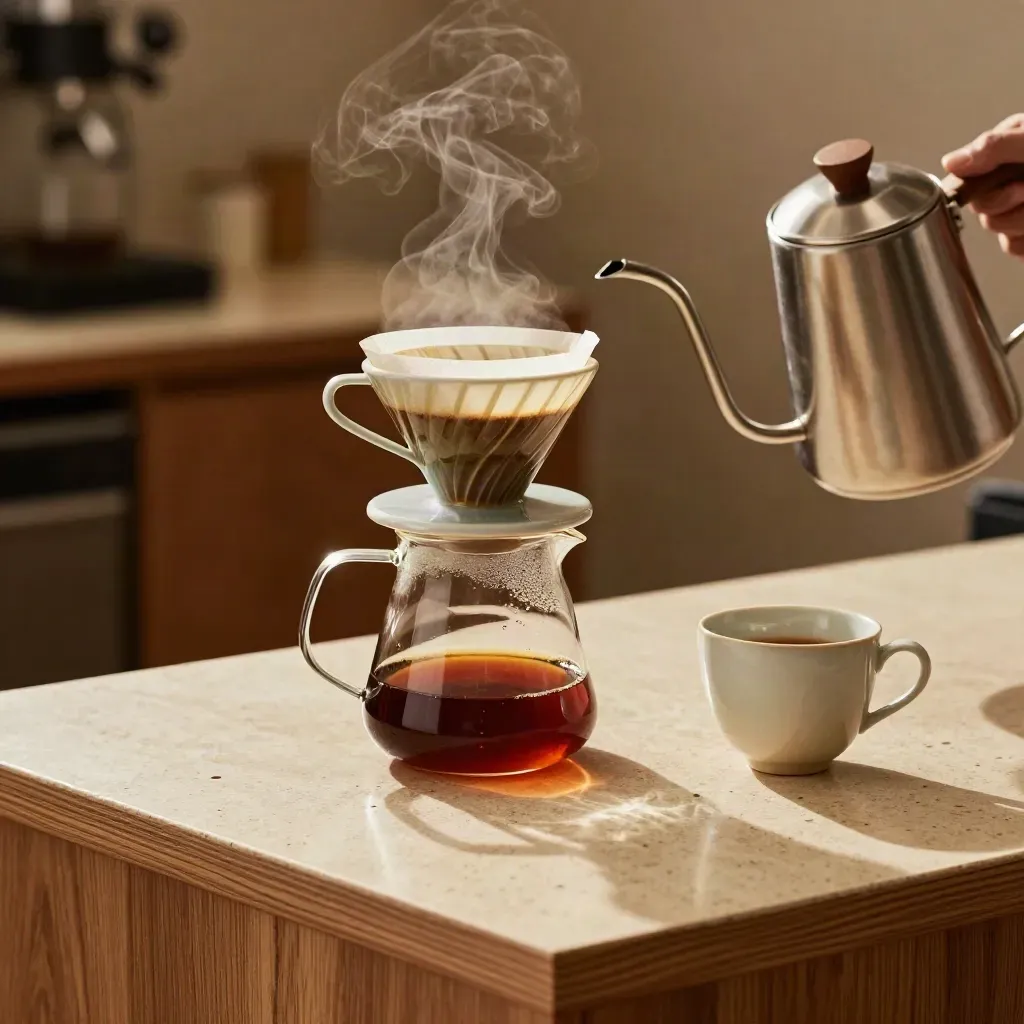 Zachte pour-over met dripper, server, kettle en cup in warme cafésetting.